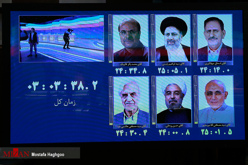 گزارش تصویری / دومین مناظره تلویزیونی نامزدهای انتخابات ریاست جمهوری / حجت الاسلام ابراهیم رئیسی، اسحاق جهانگیری، سیدمصطفی میرسلیم، حجت الاسلام حسن روحانی، محمدباقر قالیباف و سید مصطفی هاشمی طبا جمعه پانزدهم اردیبهشت برای دومین بار در مناظره انتخابات ریاست جمهوری در صدا و سیما شرکت کردند.